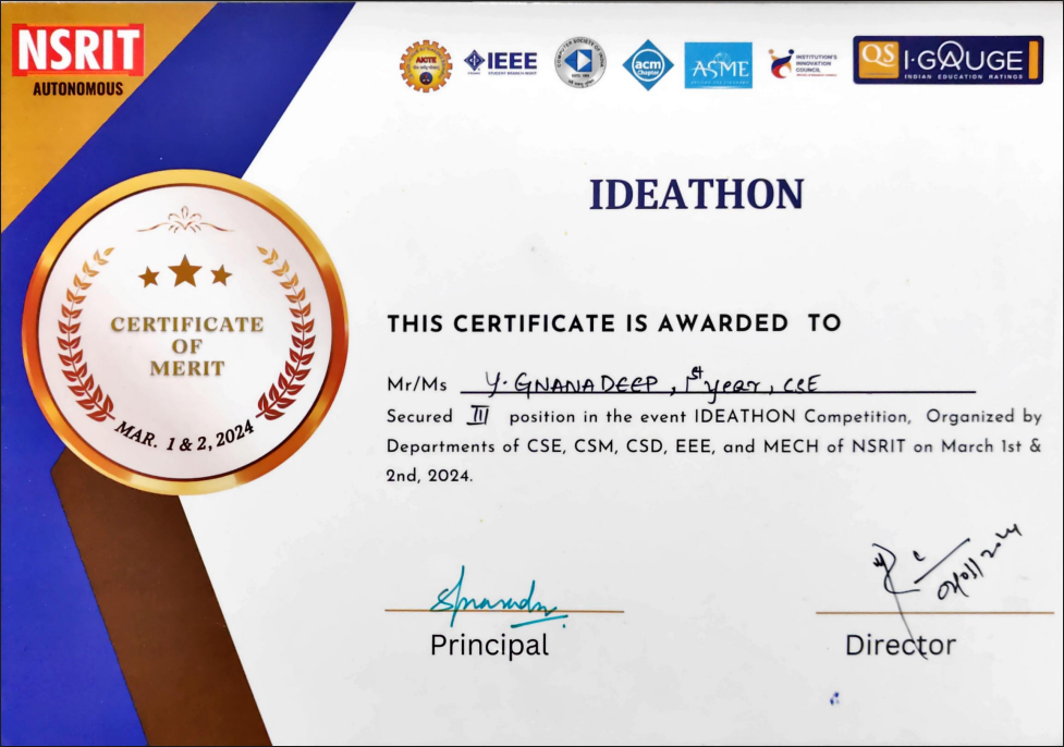 Ideathon 3rd Place Certificate
